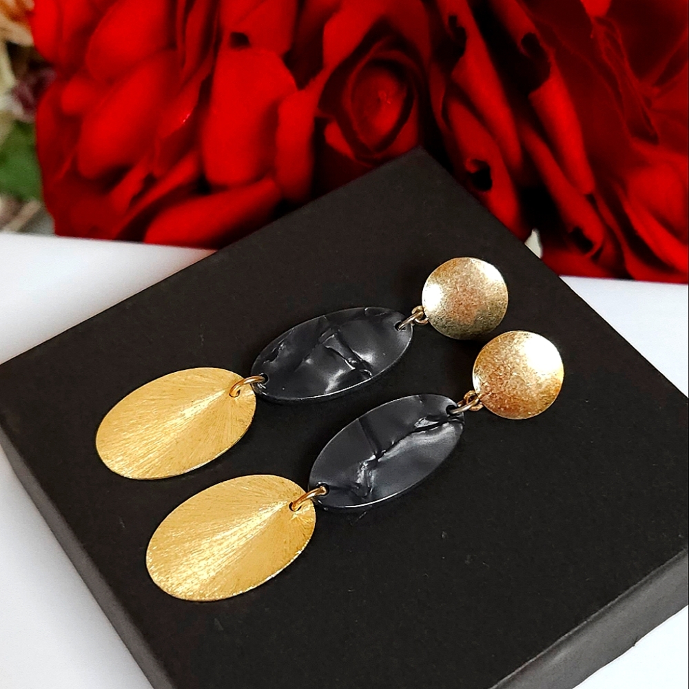 Black & Gold Acrylic Marbled Dangle Earrings Statement Earrings